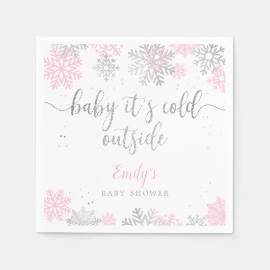 Serviette En Papier Baby shower Fille D'Hiver Rose Et Argent (Devant)