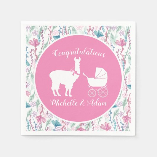 Serviette En Papier Baby shower fille Llama rose mignonne (Devant)