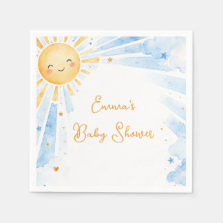 Serviette En Papier Baby Shower Fille ou Garçon Bleu & Or Aquarelle