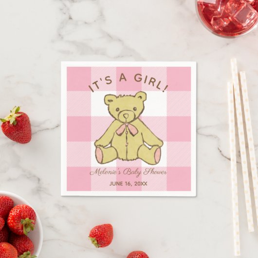 Serviette En Papier Baby shower fille ours avec nom et date (En situation)