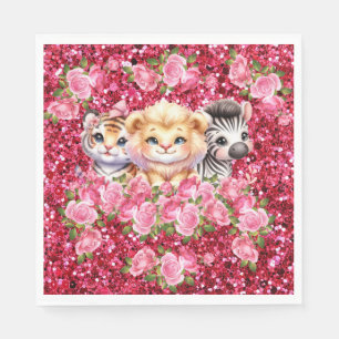 Serviette En Papier Baby Shower Fille Paillettes Roses Animaux Sauvage