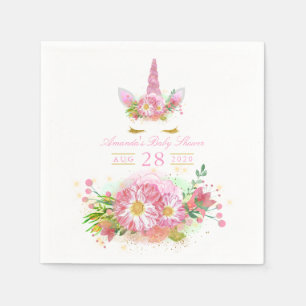 Serviette En Papier Baby shower fille rose et or Floral Unicorn