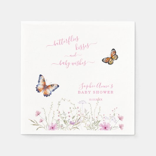 Serviette En Papier Baby shower Fleur sauvage de papillon aquarelle (Devant)