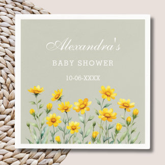 Serviette En Papier Baby shower Fleur sauvage Jaune Boho Sage Green