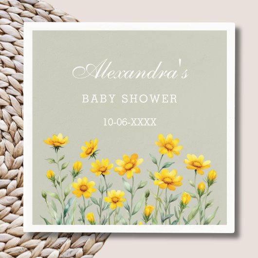 Serviette En Papier Baby shower Fleur sauvage Jaune Boho Sage Green