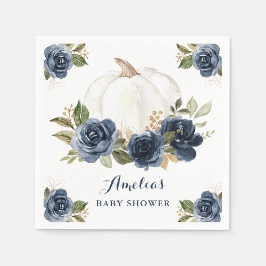 Serviette En Papier Baby Shower Fleurs Bleu Marine Citrouille Automne (Devant)