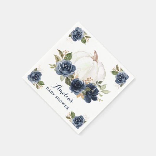 Serviette En Papier Baby Shower Fleurs Bleu Marine Citrouille Automne (Coin)