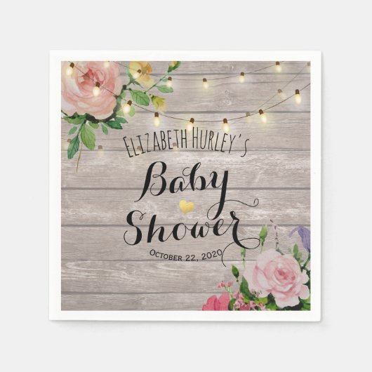 Serviette En Papier Baby shower Fleurs Chic Fleurs Bois Rustique Lumiè (Devant)