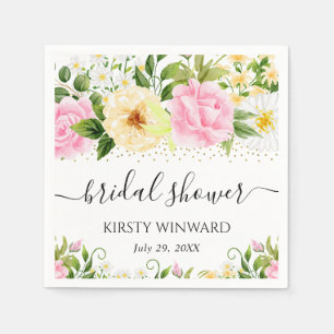 Serviette En Papier Baby Shower Fleurs Jaunes et Roses Aquarelle