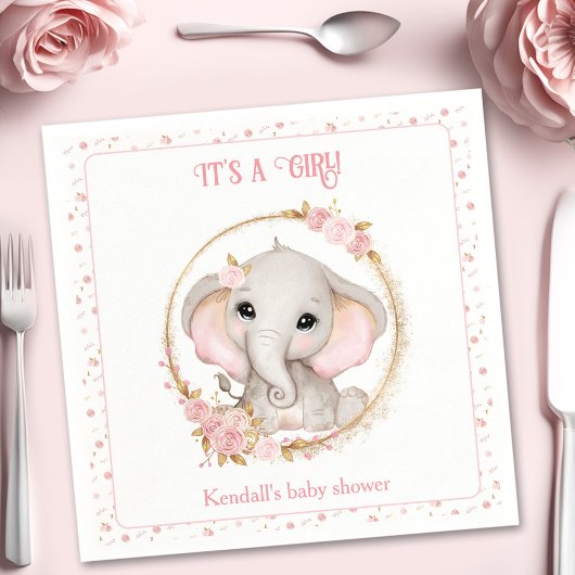 Serviette En Papier Baby shower floral blanc rose joli Eléphant
