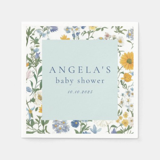 Serviette En Papier Baby shower Floral bleu et jaune rustique (Devant)