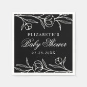Serviette En Papier Baby shower floral noir et blanc esquissé (Devant)