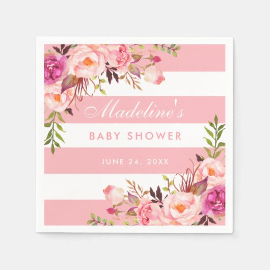 Serviette En Papier Baby shower floral rayé rose (Devant)