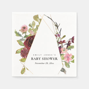 SERVIETTE EN PAPIER BABY SHOWER FLORAL ROSE DE BURGOUNDY BLANC D'OR CH