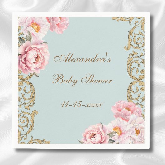 Serviette En Papier Baby shower floral rose Rococo bleu Dusty