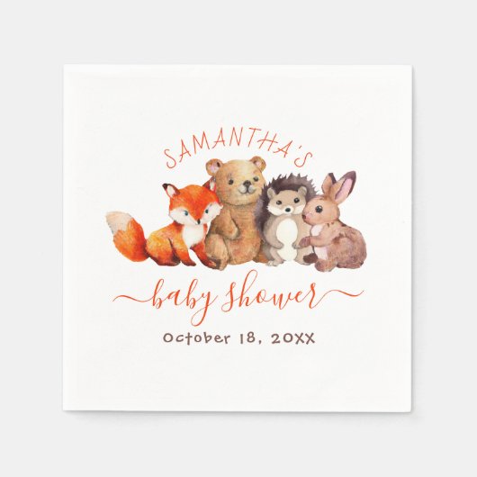Serviette En Papier Baby Shower Forêt Animaux Mignons Écriture Rouge (Devant)