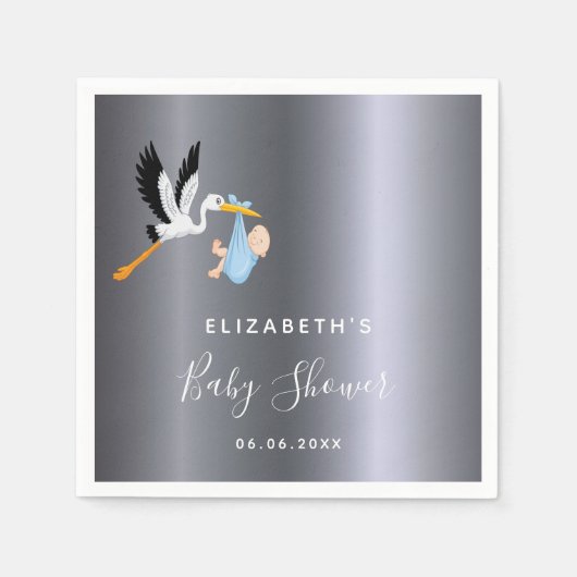 Serviette En Papier Baby shower garçon argent cigogne bleue (Devant)