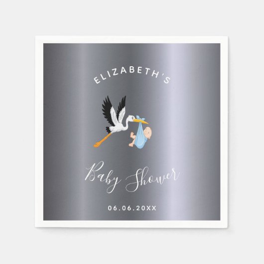 Serviette En Papier Baby shower garçon argent cigogne bleue (Devant)