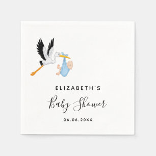 Serviette En Papier Baby shower garçon bleu cigogne nom script
