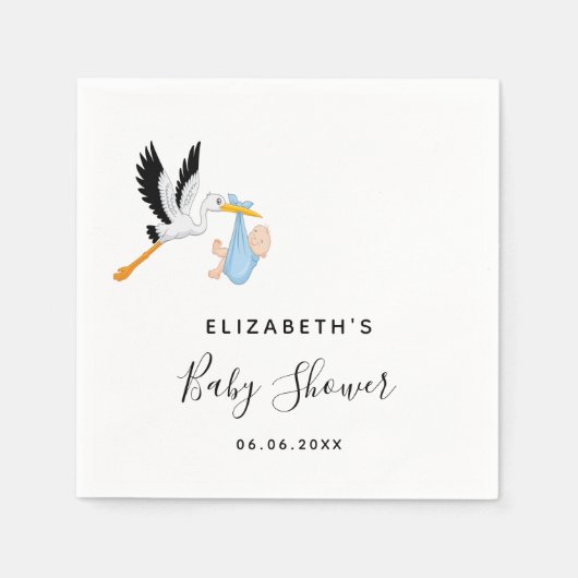 Serviette En Papier Baby shower garçon bleu cigogne nom script (Devant)