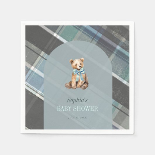Serviette En Papier Baby shower Garçon en peluche gris et bleu plaid (Devant)