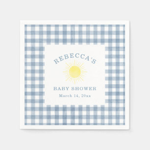 Serviette En Papier Baby Shower Garçon Gingham Bleu Soleil Jaune