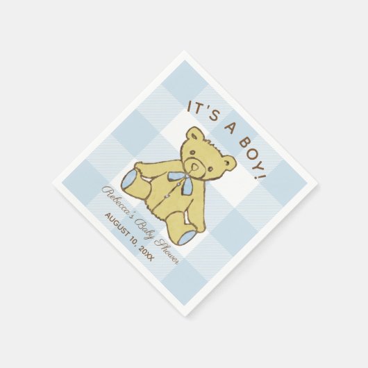 Serviette En Papier Baby shower Garçon ours avec nom et date (Coin)