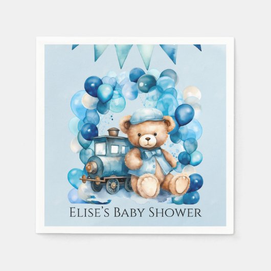 Serviette En Papier Baby shower Garçon Teddy Bear Blue Train (Devant)