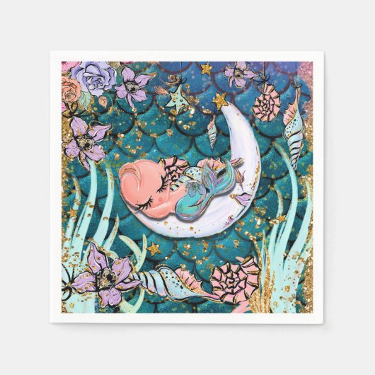 Serviette En Papier Baby shower Glam Mermaid Gold Parties scintillant  (Devant)