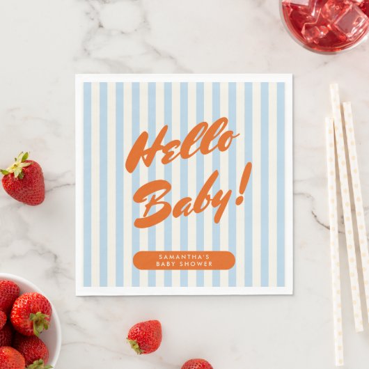Serviette En Papier Baby shower Gras Retro Orange Blue Stripes (En situation)