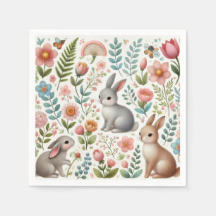 Serviette En Papier Baby Shower Lapins et Fleurs de Lapin