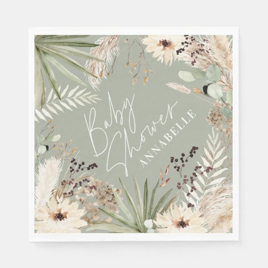 Serviette En Papier Baby shower merci pampas moderne sauge vert (Devant)