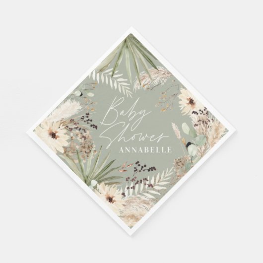 Serviette En Papier Baby shower merci pampas moderne sauge vert (Coin)