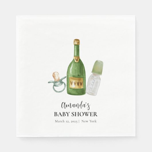 Serviette En Papier Baby shower minimal vert Poppin Champagne bouteill (Devant)