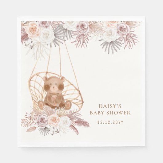 Serviette En Papier Baby shower moderne Boho Teddy Bear Pampas (Devant)