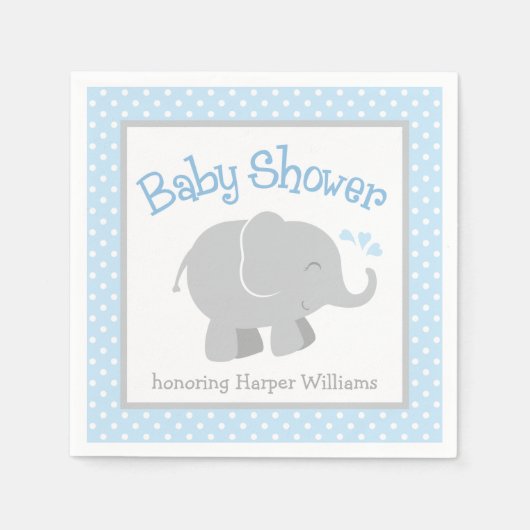 Serviette En Papier Baby shower moderne éléphant bleu et gris (Devant)