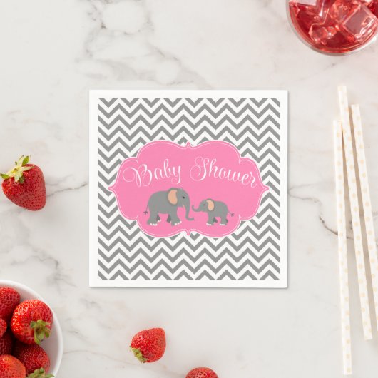 Serviette En Papier Baby shower moderne Elephant Chevron rose Grey (En situation)