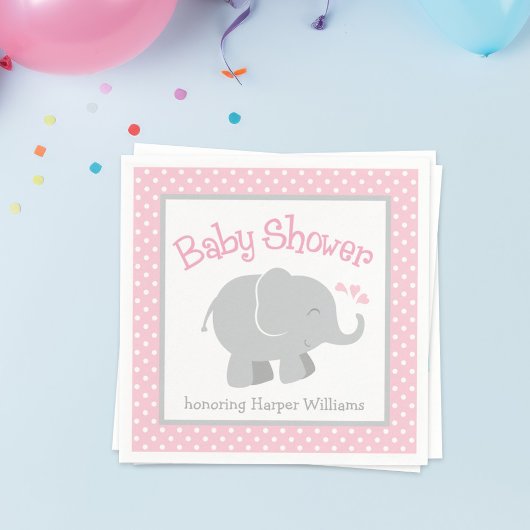 Serviette En Papier Baby shower moderne rose et gris éléphant fille