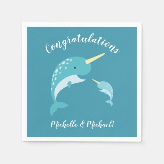 Serviette En Papier Baby shower Narwhal Jaune Genre Baleine Neutre (Devant)