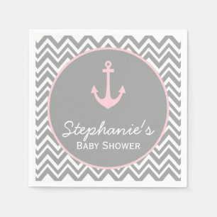Serviette En Papier Baby shower nautique gris et rose pastel Chevron