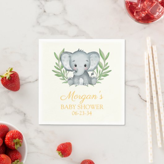 Serviette En Papier Baby shower neutre jaune éléphant vert (En situation)
