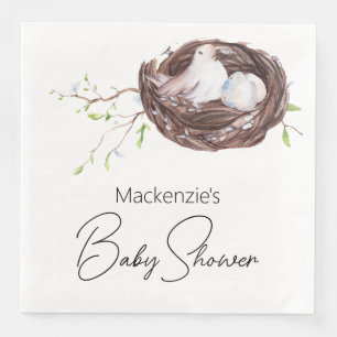 Serviette En Papier Baby Shower Nid de Oiseaux et Œufs Aquarelle