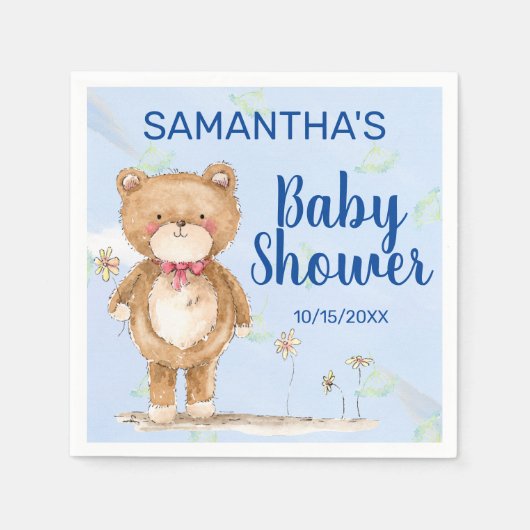 Serviette En Papier Baby shower ours d'aquarelle bleu mignon pour garç (Devant)