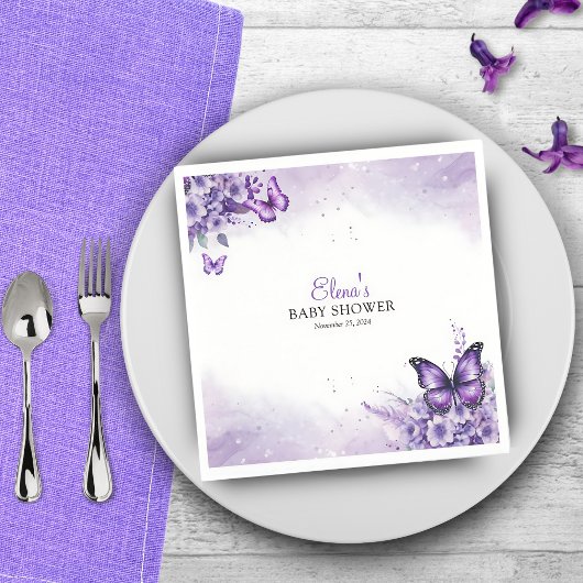 Serviette En Papier Baby shower papillon Élégant violet Floral