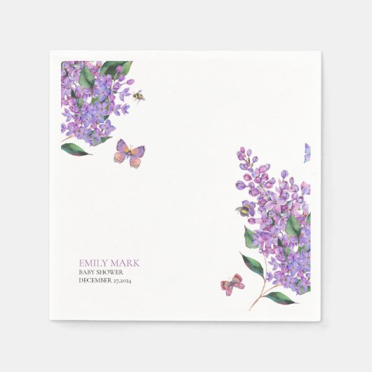Serviette En Papier Baby shower papillon fleuri violet invitation (Devant)