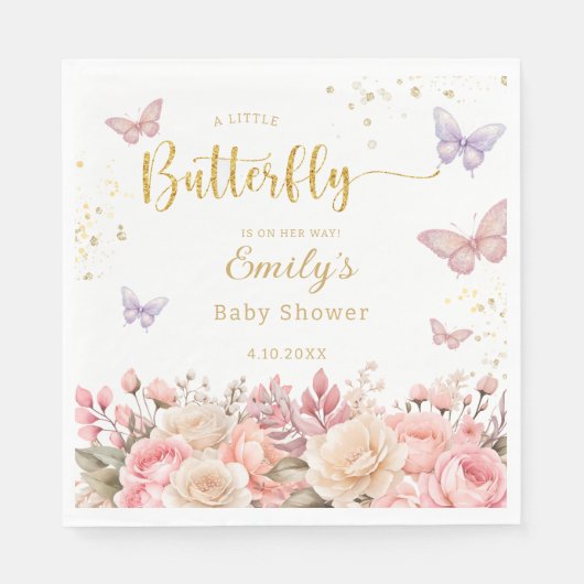 Serviette En Papier Baby shower papillon floral violet et rose (Devant)