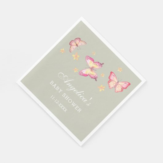 Serviette En Papier Baby shower Papillon rose Peach vert Sage (Coin)
