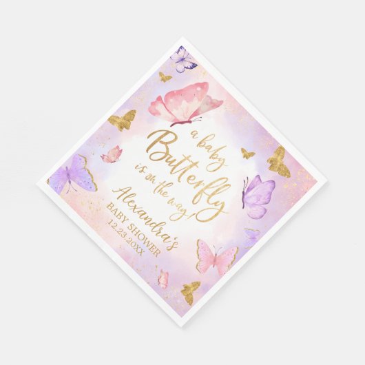 Serviette En Papier Baby shower papillon violet rose or (Coin)