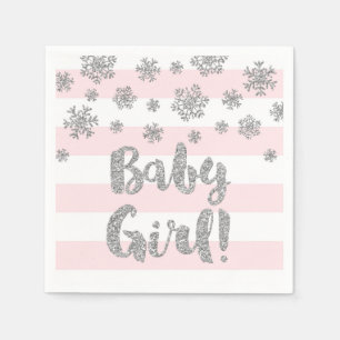 Serviette En Papier Baby shower Pink Stripes Silver Snowflakes