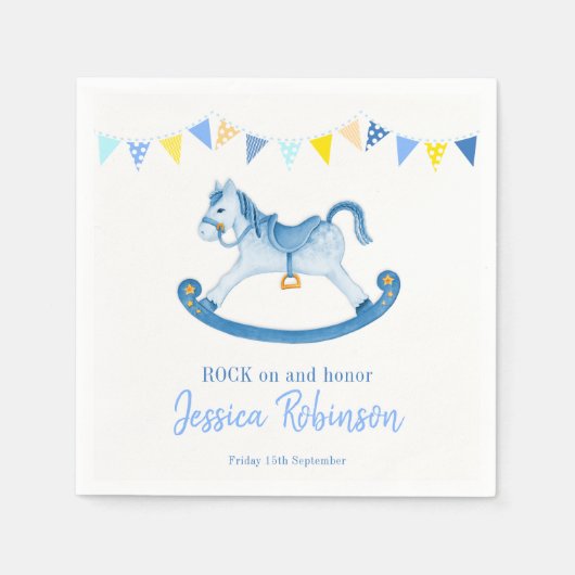 Serviette En Papier Baby shower rocher bleu rocking cheval nom (Devant)